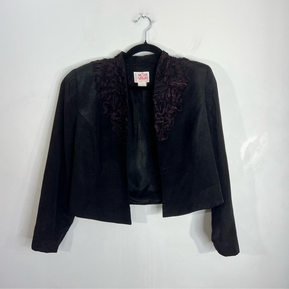 Vintage 80s Mister Leonard black applique cropped open front jacket blazer M - Picture 4 of 13